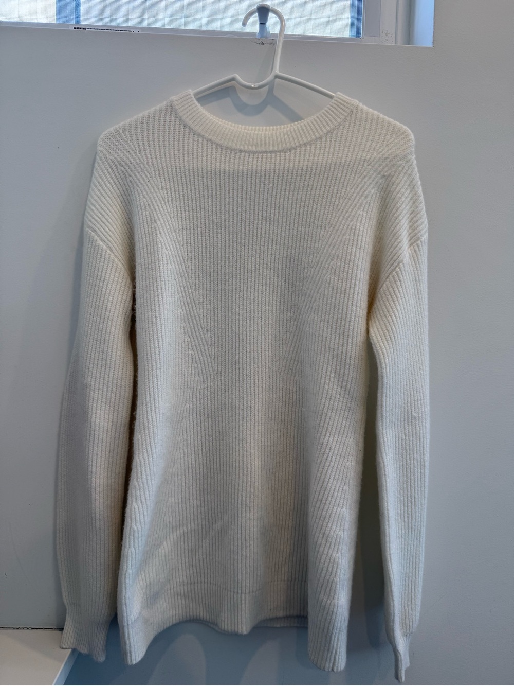 Ladies Cream Ribbed Long Crewneck Sweater